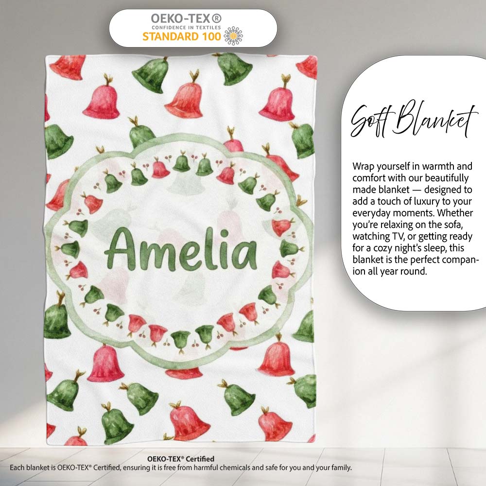 Cute Red and Green Christmas Bells Watercolor Pattern Festive Lovely  Personalised Custom Name Super Soft Fleece Blanket Bed Sofa Throw
