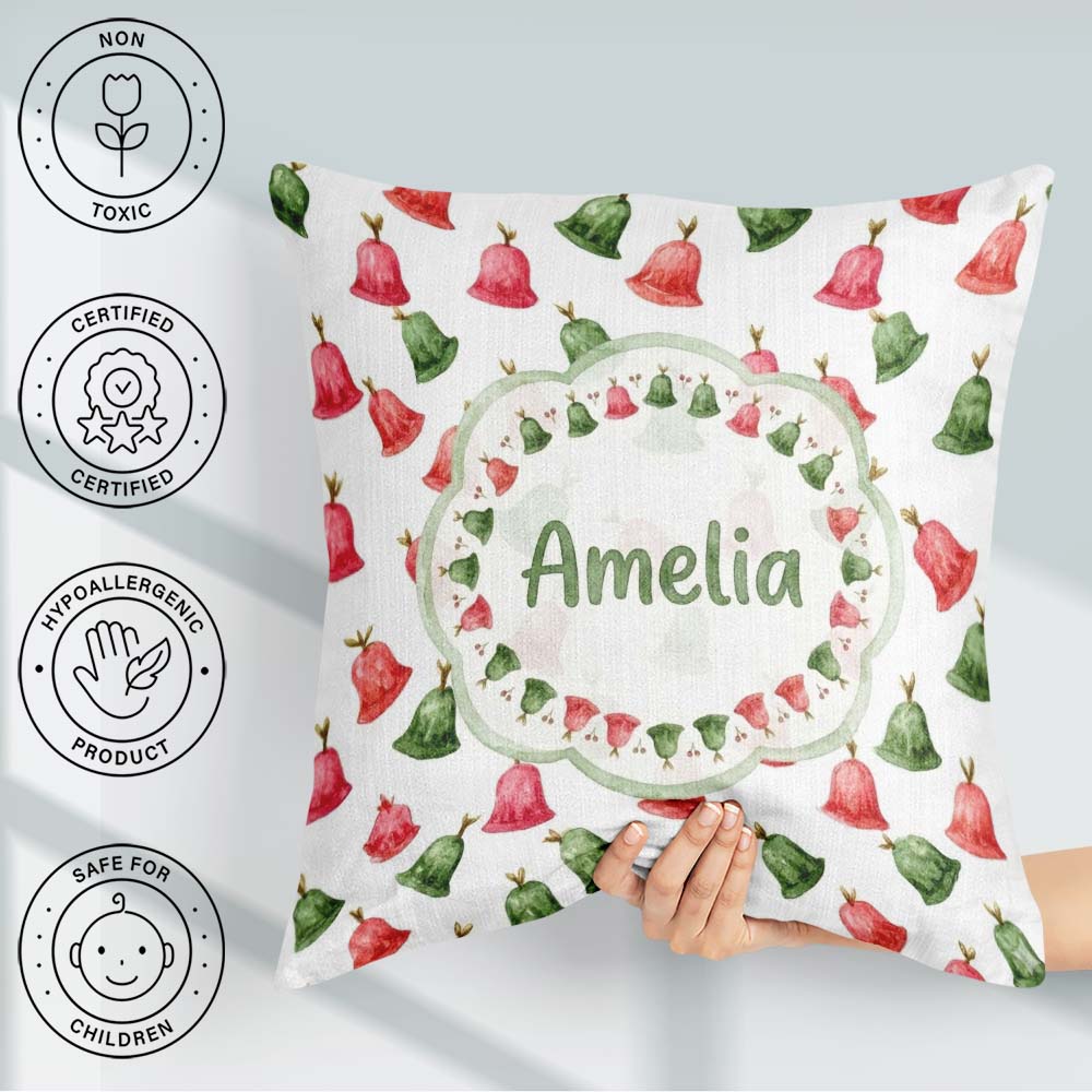 Custom Name Cute Red and Green Bells Watercolor Pattern Festive Square Filled Cushion Throw Pillow Sofa Bed Home Decor Zip Washable UK Made