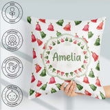 Custom Name Cute Red and Green Bells Watercolor Pattern Festive Square Filled Cushion Throw Pillow Sofa Bed Home Decor Zip Washable UK Made
