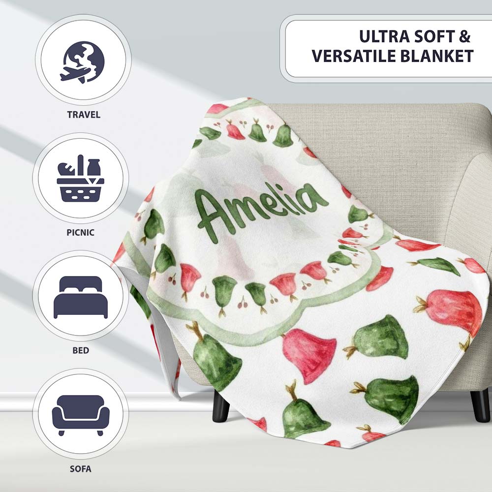 Cute Red and Green Christmas Bells Watercolor Pattern Festive Lovely  Personalised Custom Name Super Soft Fleece Blanket Bed Sofa Throw