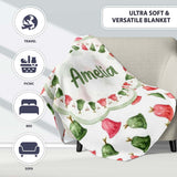 Cute Red and Green Christmas Bells Watercolor Pattern Festive Lovely  Personalised Custom Name Super Soft Fleece Blanket Bed Sofa Throw