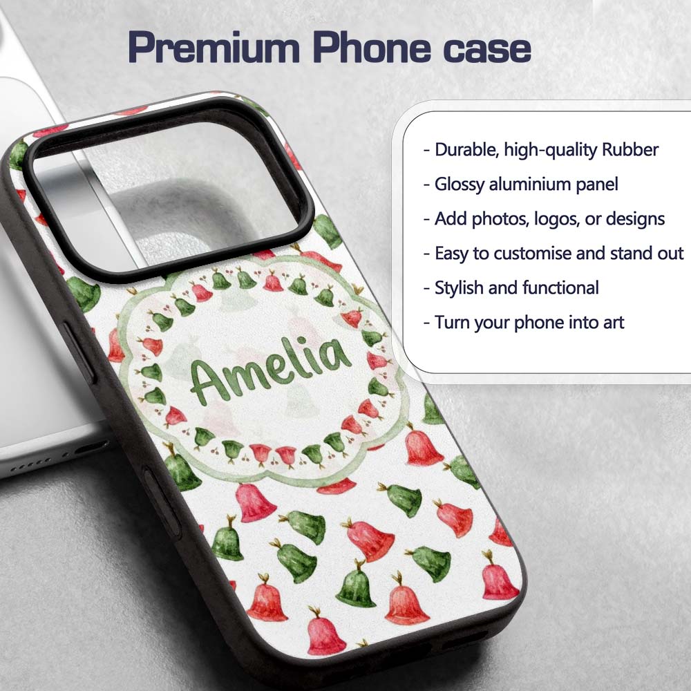 Cute Red and Green Christmas Bells Watercolor Custom Name Protective Phone Case Mobile Cover Durable Everyday Smartphone Shock Resistant