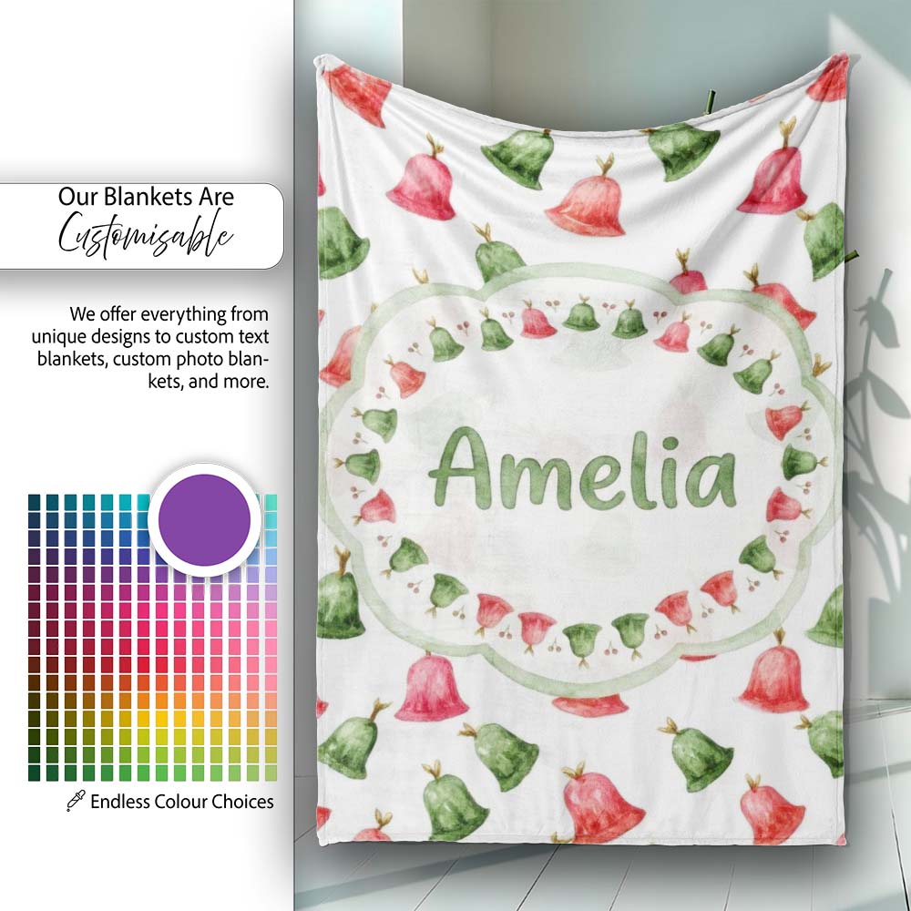 Cute Red and Green Christmas Bells Watercolor Pattern Festive Lovely  Personalised Custom Name Super Soft Fleece Blanket Bed Sofa Throw