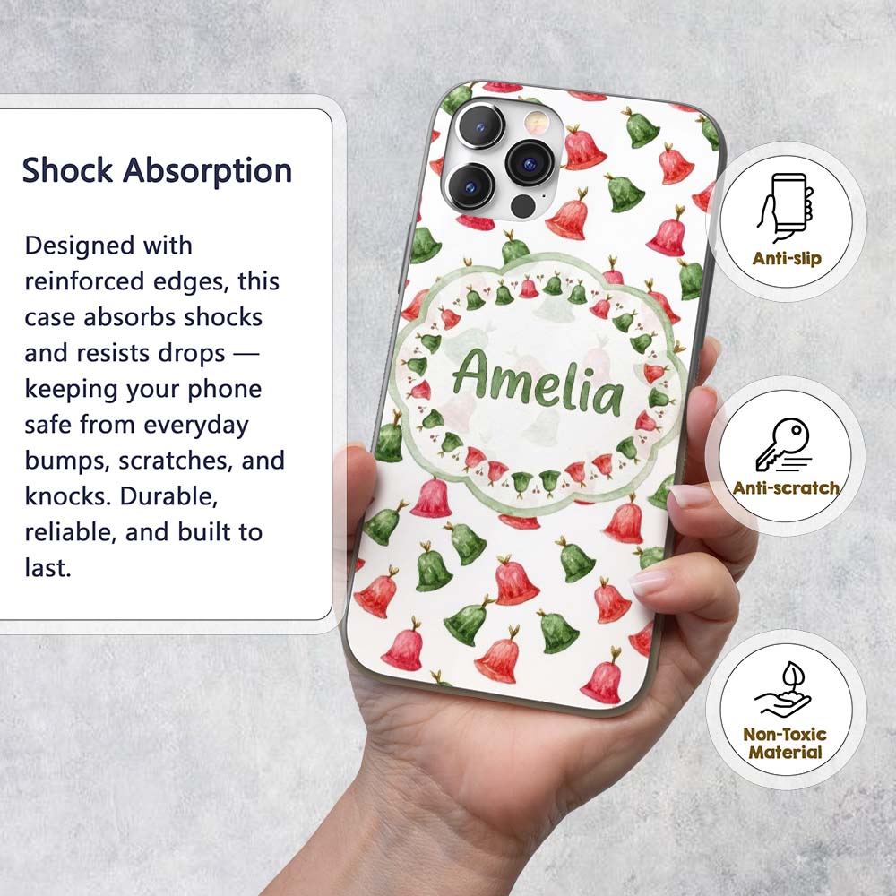 Cute Red and Green Christmas Bells Watercolor Custom Name Protective Phone Case Mobile Cover Durable Everyday Smartphone Shock Resistant