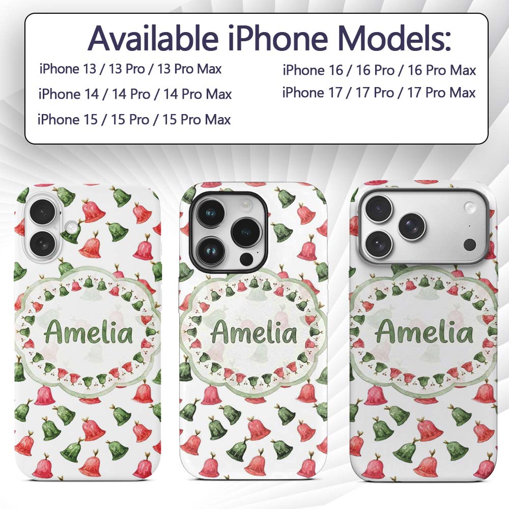 Cute Red and Green Christmas Bells Watercolor Custom Name Protective Phone Case Mobile Cover Durable Everyday Smartphone Shock Resistant