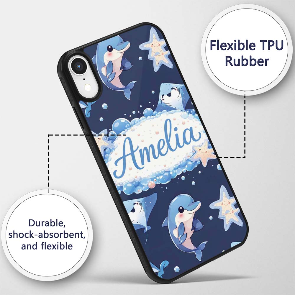 Cute Dolphin Stingray Starfish Cartoon Sea Life Custom Name Protective Phone Case Mobile Cover Durable Everyday Smartphone Shock Resistant