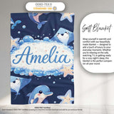 Cute Dolphin Stingray Starfish Cartoon Sea Life Pattern Navy Lovely  Personalised Custom Name Super Soft Fleece Blanket Bed Sofa Throw