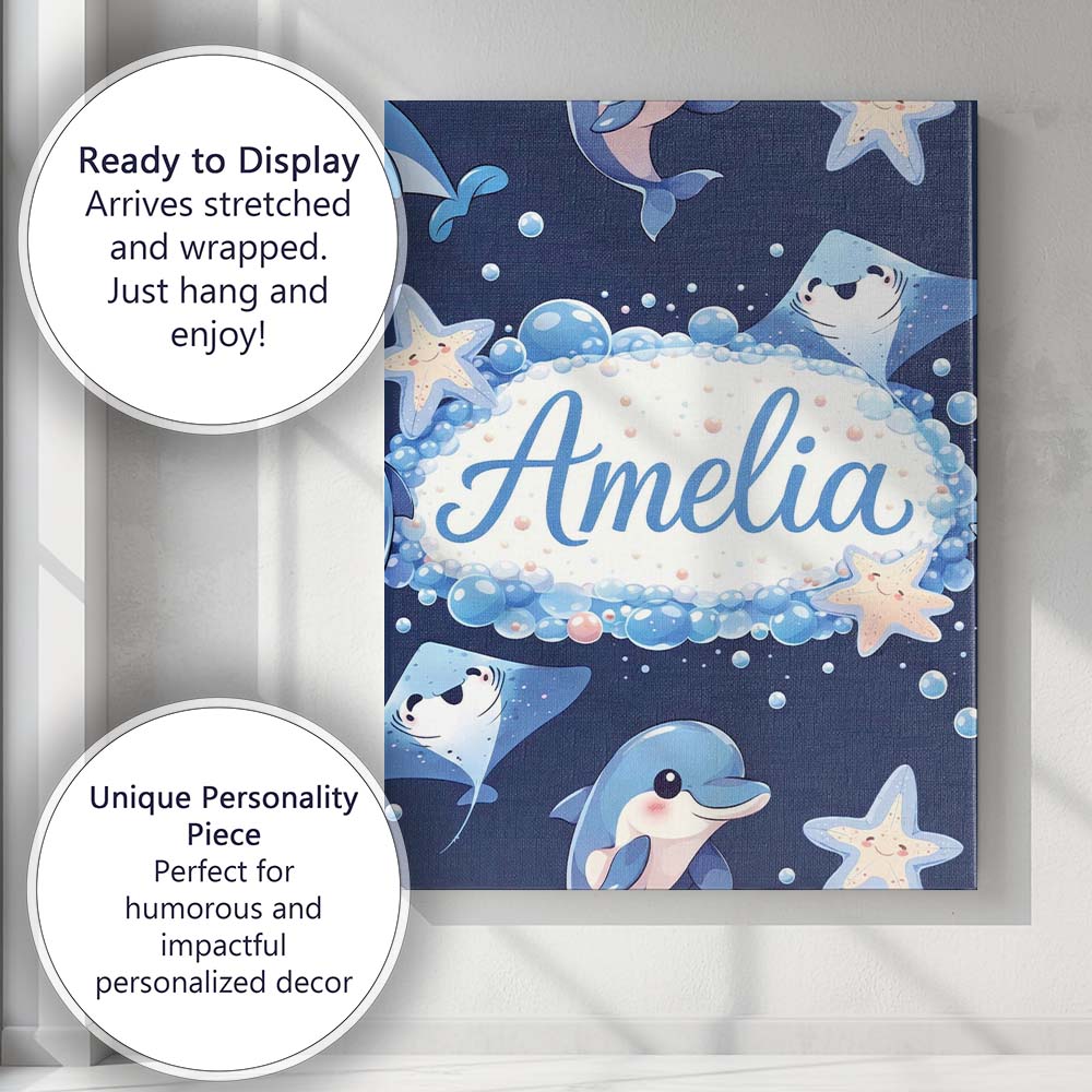 Personalised Name Cute Dolphin Stingray Starfish Cartoon Sea Life Custom  Bespoke Canvas Wall Art Print Decor Picture Ready to Hang