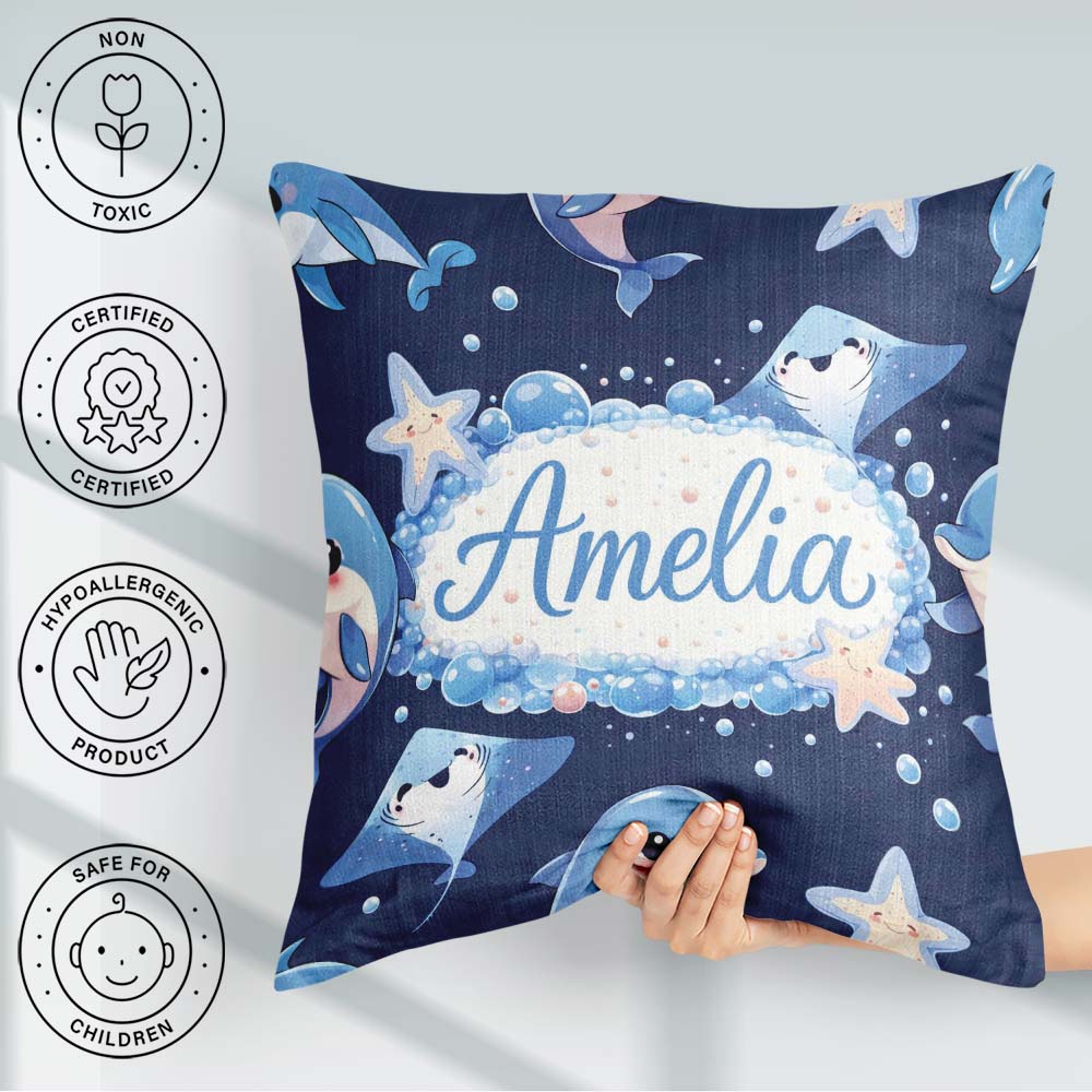 Custom Name Cute Dolphin Stingray Starfish Cartoon Sea Life Navy Square Filled Cushion Throw Pillow Sofa Bed Home Decor Zip Washable UK Made