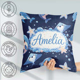 Custom Name Cute Dolphin Stingray Starfish Cartoon Sea Life Navy Square Filled Cushion Throw Pillow Sofa Bed Home Decor Zip Washable UK Made