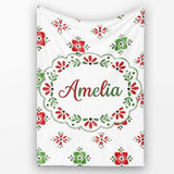 Cute Scandinavian Style Red and Green Floral Pattern Christmas Folk  Personalised Custom Name Super Soft Fleece Blanket Bed Sofa Throw