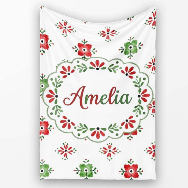 Cute Scandinavian Style Red and Green Floral Pattern Christmas Folk  Personalised Custom Name Super Soft Fleece Blanket Bed Sofa Throw