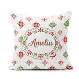 Custom Name Scandinavian Style Red and Green Floral Pattern Folk Square Filled Cushion Throw Pillow Sofa Bed Home Decor Zip Washable UK Made