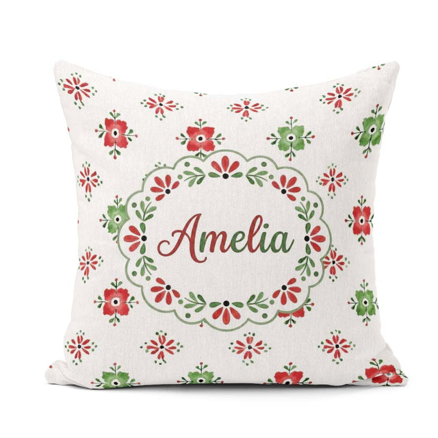 Custom Name Scandinavian Style Red and Green Floral Pattern Folk Square Filled Cushion Throw Pillow Sofa Bed Home Decor Zip Washable UK Made