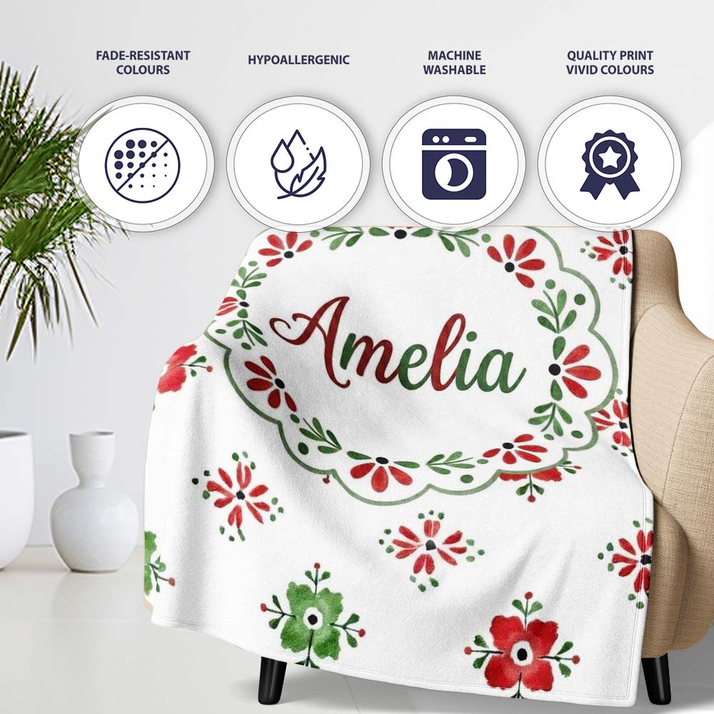 Cute Scandinavian Style Red and Green Floral Pattern Christmas Folk  Personalised Custom Name Super Soft Fleece Blanket Bed Sofa Throw