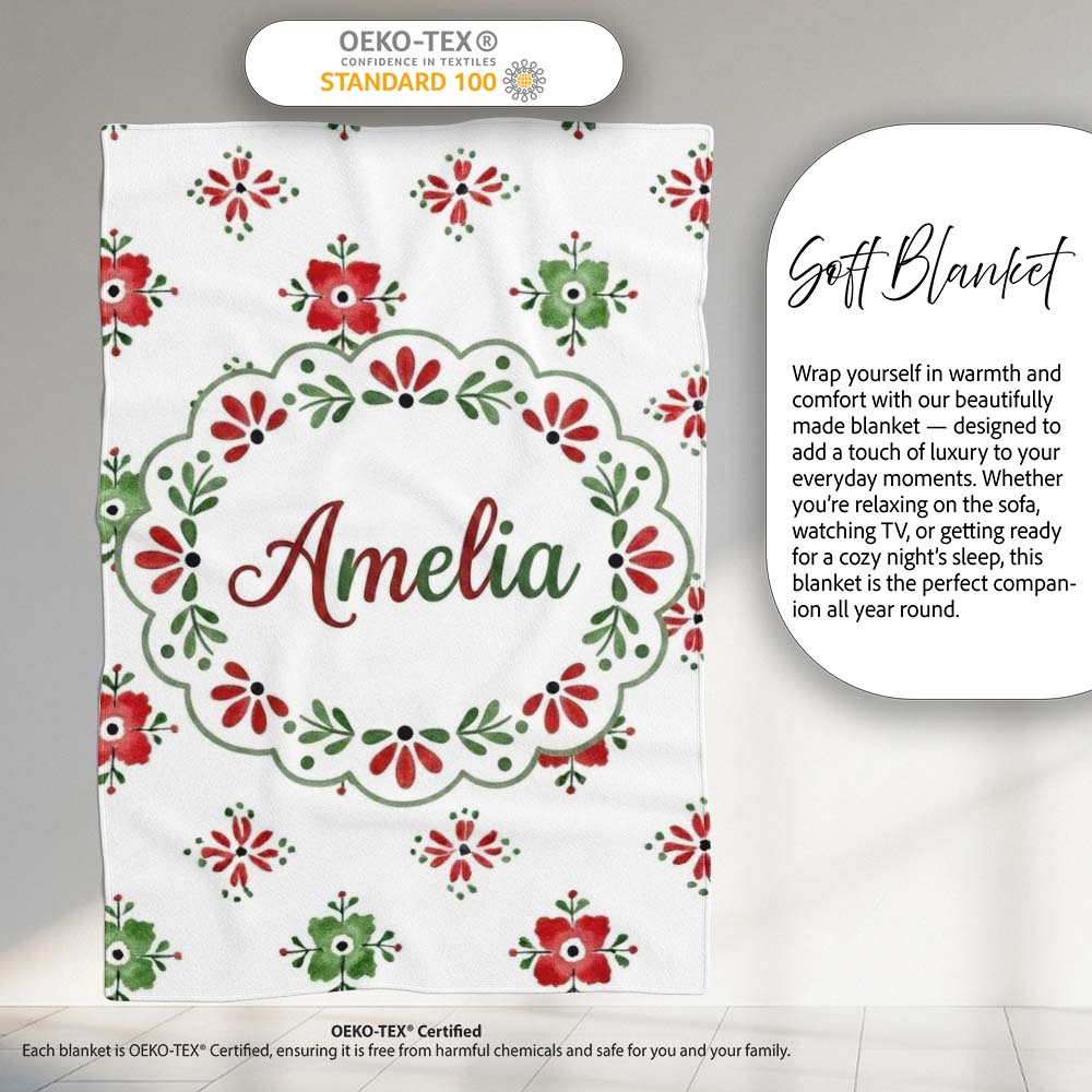 Cute Scandinavian Style Red and Green Floral Pattern Christmas Folk  Personalised Custom Name Super Soft Fleece Blanket Bed Sofa Throw
