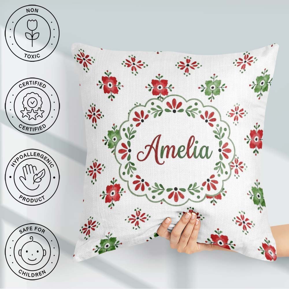 Custom Name Scandinavian Style Red and Green Floral Pattern Folk Square Filled Cushion Throw Pillow Sofa Bed Home Decor Zip Washable UK Made