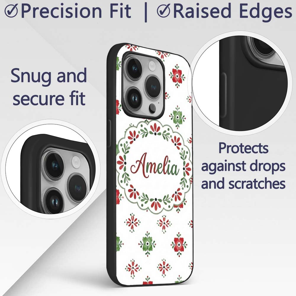 Cute Scandinavian Style Red and Green Floral Custom Name Protective Phone Case Mobile Cover Durable Everyday Smartphone Shock Resistant