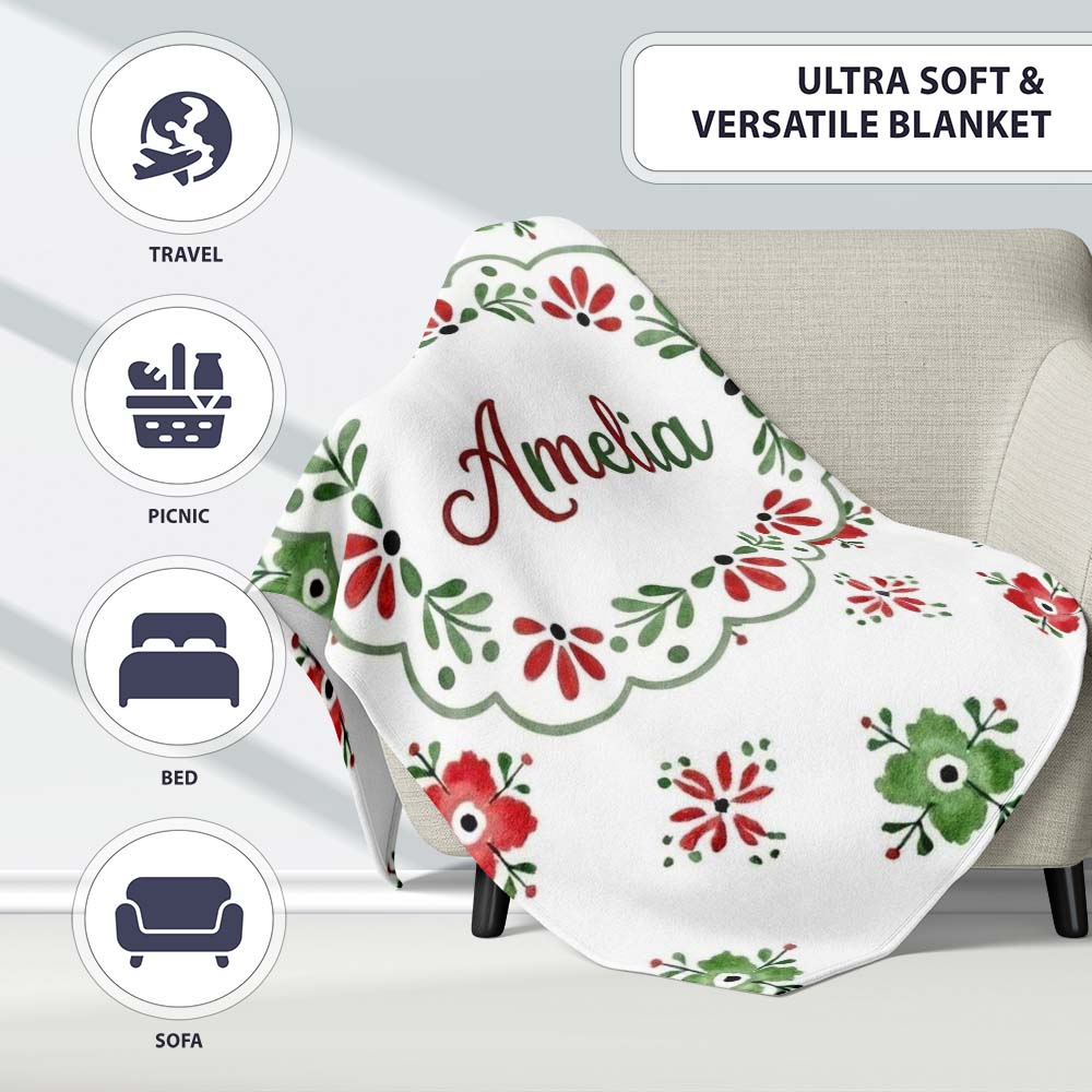 Cute Scandinavian Style Red and Green Floral Pattern Christmas Folk  Personalised Custom Name Super Soft Fleece Blanket Bed Sofa Throw