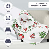 Cute Scandinavian Style Red and Green Floral Pattern Christmas Folk  Personalised Custom Name Super Soft Fleece Blanket Bed Sofa Throw