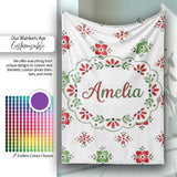 Cute Scandinavian Style Red and Green Floral Pattern Christmas Folk  Personalised Custom Name Super Soft Fleece Blanket Bed Sofa Throw