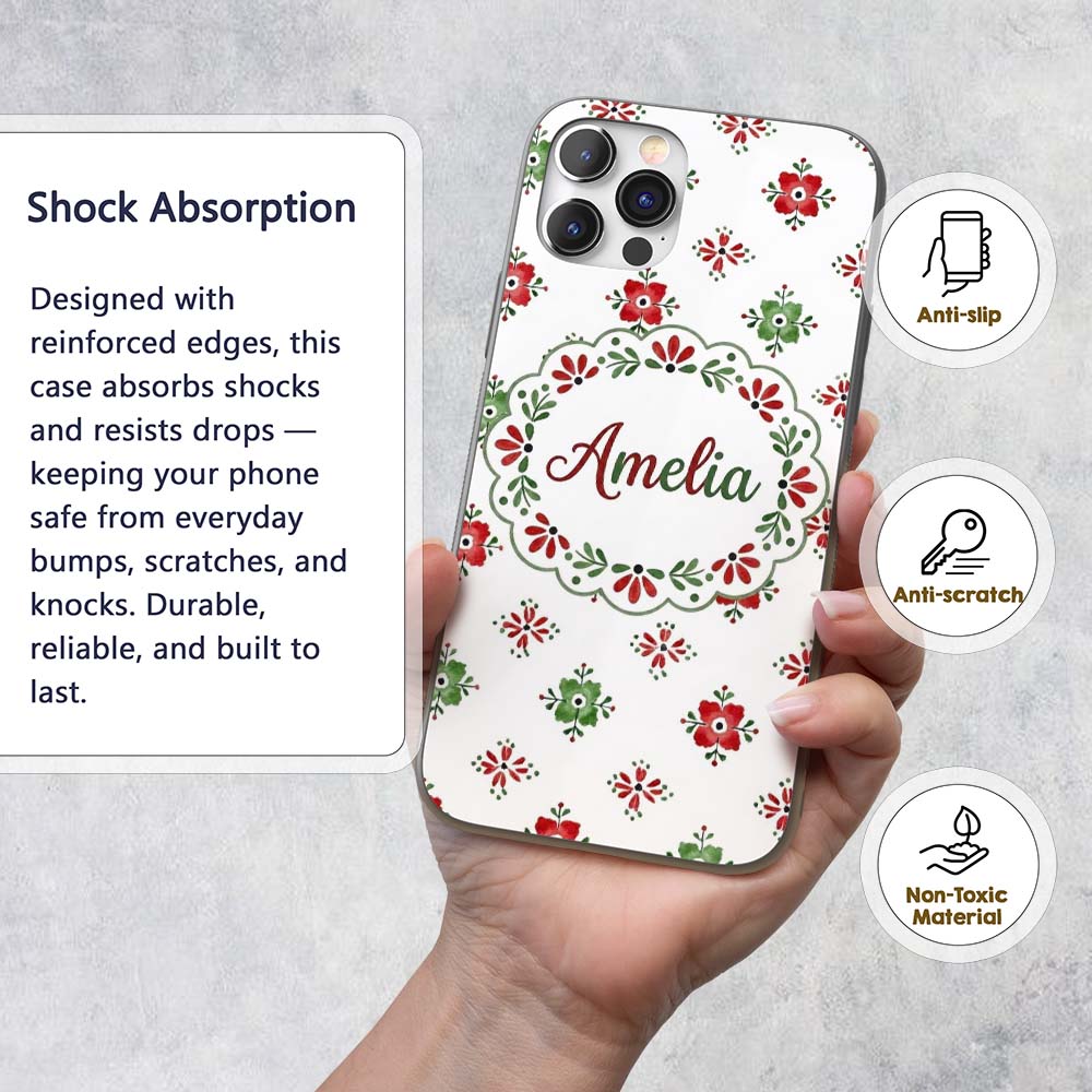 Cute Scandinavian Style Red and Green Floral Custom Name Protective Phone Case Mobile Cover Durable Everyday Smartphone Shock Resistant