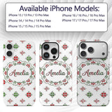 Cute Scandinavian Style Red and Green Floral Custom Name Protective Phone Case Mobile Cover Durable Everyday Smartphone Shock Resistant