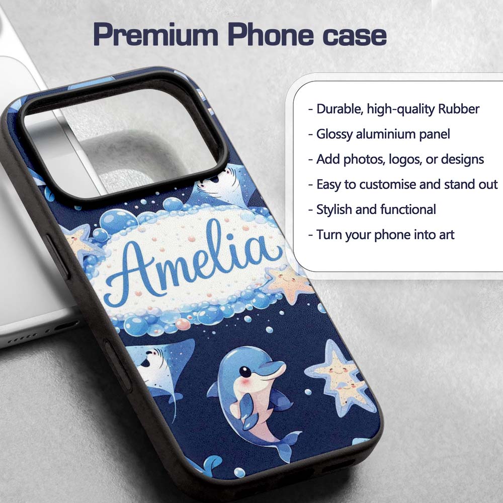 Cute Dolphin Stingray Starfish Cartoon Sea Life Custom Name Protective Phone Case Mobile Cover Durable Everyday Smartphone Shock Resistant