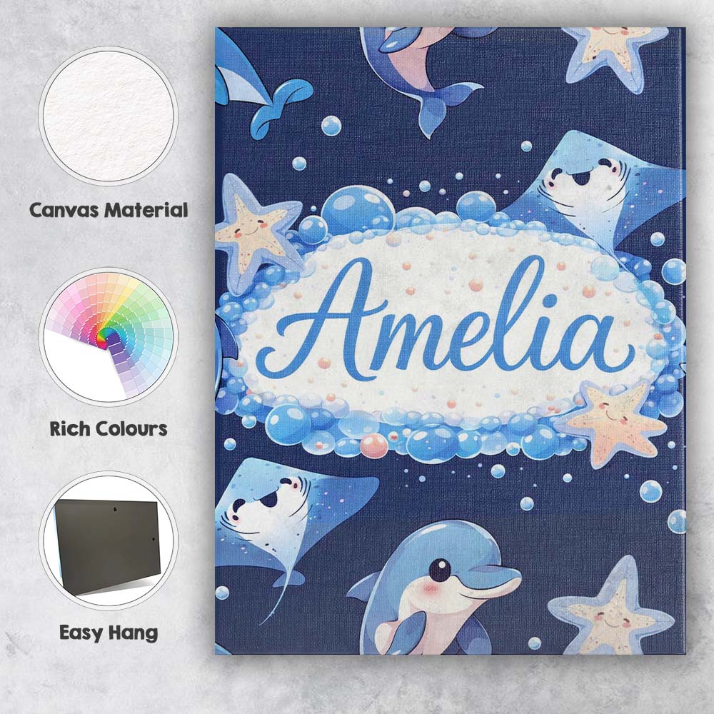 Personalised Name Cute Dolphin Stingray Starfish Cartoon Sea Life Custom  Bespoke Canvas Wall Art Print Decor Picture Ready to Hang