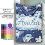 Cute Dolphin Stingray Starfish Cartoon Sea Life Pattern Navy Lovely  Personalised Custom Name Super Soft Fleece Blanket Bed Sofa Throw