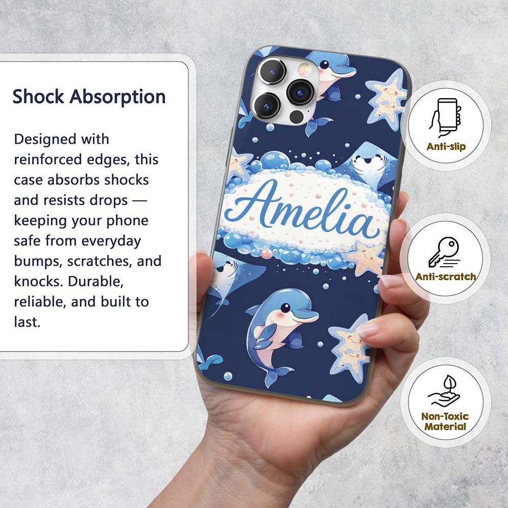 Cute Dolphin Stingray Starfish Cartoon Sea Life Custom Name Protective Phone Case Mobile Cover Durable Everyday Smartphone Shock Resistant