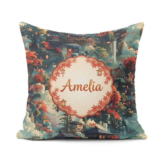 Custom Name Japanese Autumn Village Landscape with Moon Lanterns Square Filled Cushion Throw Pillow Sofa Bed Home Decor Zip Washable UK Made