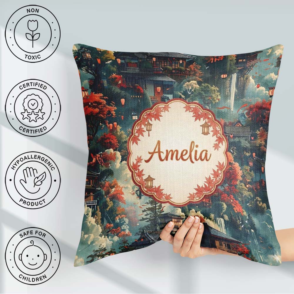 Custom Name Japanese Autumn Village Landscape with Moon Lanterns Square Filled Cushion Throw Pillow Sofa Bed Home Decor Zip Washable UK Made
