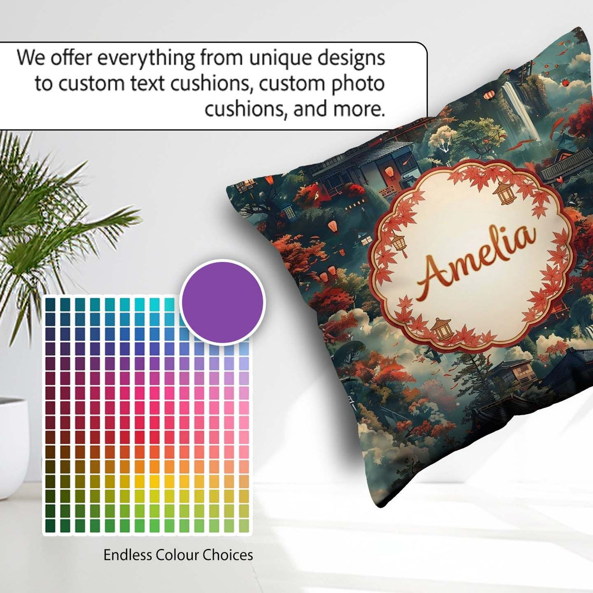 Custom Name Japanese Autumn Village Landscape with Moon Lanterns Square Filled Cushion Throw Pillow Sofa Bed Home Decor Zip Washable UK Made