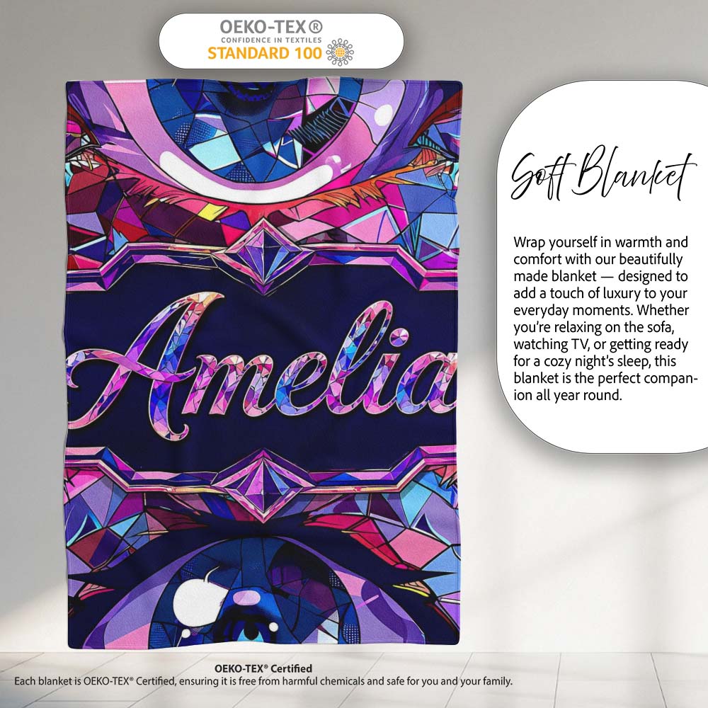 Colorful Geometric Eye Mosaic Seamless Pattern Modern Abstract  Personalised Custom Name Super Soft Fleece Blanket Bed Sofa Throw