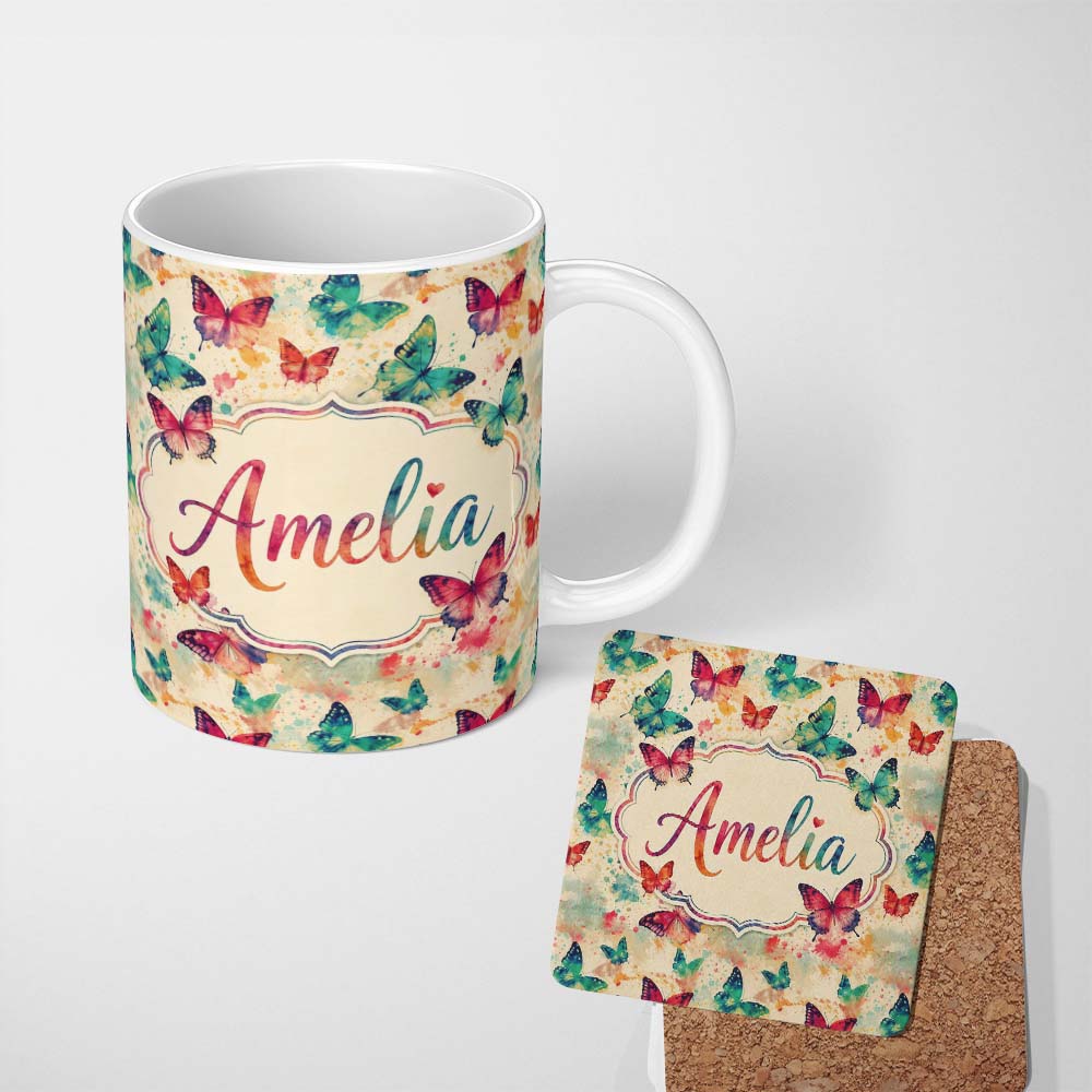 Personalized Custom Name Artistic Multicolor Butterflies with Paint Splash Background Lovely 11oz Ceramic Coffee Tea Mug White Large Handle