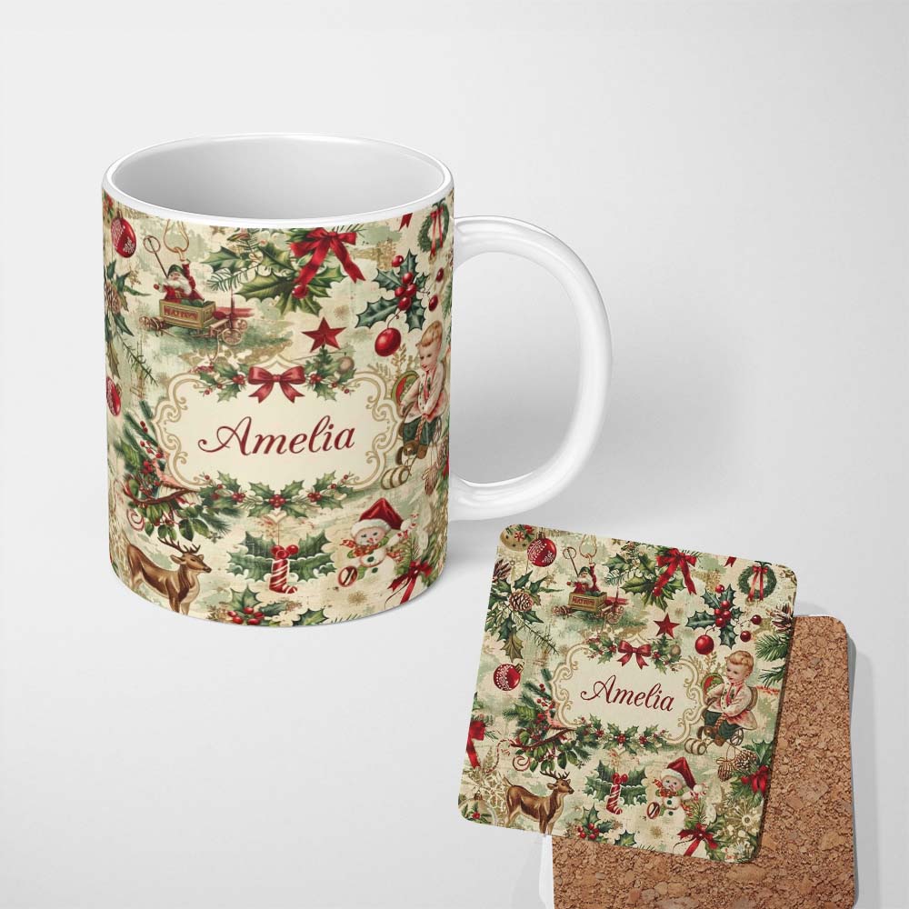 Personalized Custom Name Vintage Christmas Children Tree Snowman and Festive Illustrations 11oz Ceramic Coffee Tea Mug White Large Handle