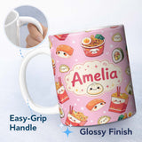 Personalized Custom Name Cute Kawaii Sushi Ramen Dumpling Food Blush Pink Background 11oz Ceramic Coffee Tea Mug White Large Handle