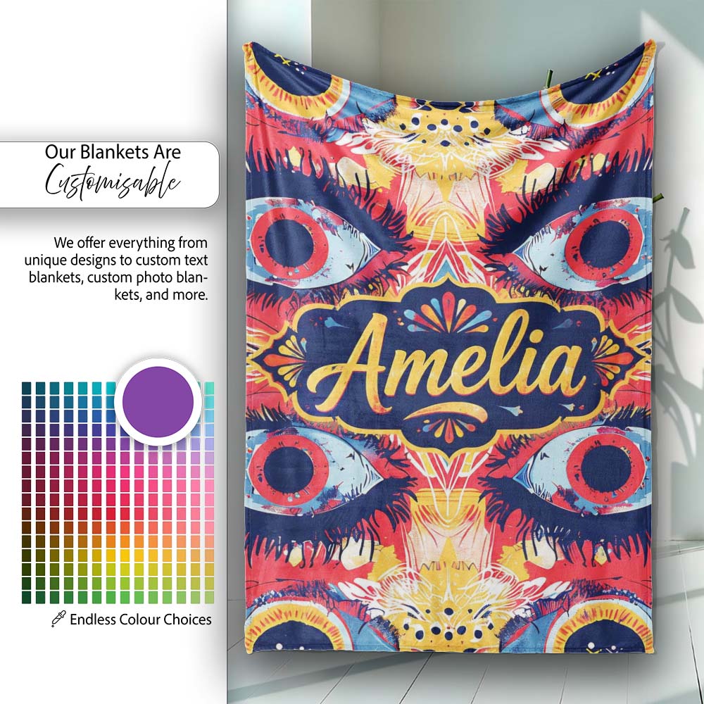 Bold Symmetrical Eye Motif Seamless Pattern Abstract Decorative  Personalised Custom Name Super Soft Fleece Blanket Bed Sofa Throw
