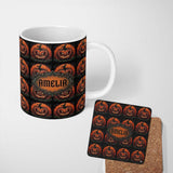 Personalized Custom Name Spooky Pumpkin Moon Branches Dark Forest Halloween Seamless Pattern 11oz Ceramic Coffee Tea Mug White Large Handle