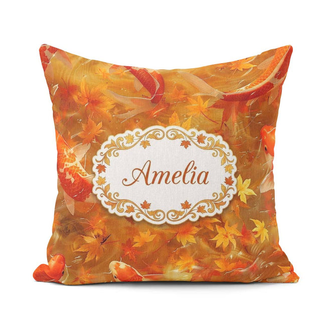 Custom Name Autumn Koi Fish with Golden Maple Pattern Watercolor Square Filled Cushion Throw Pillow Sofa Bed Home Decor Zip Washable UK Made