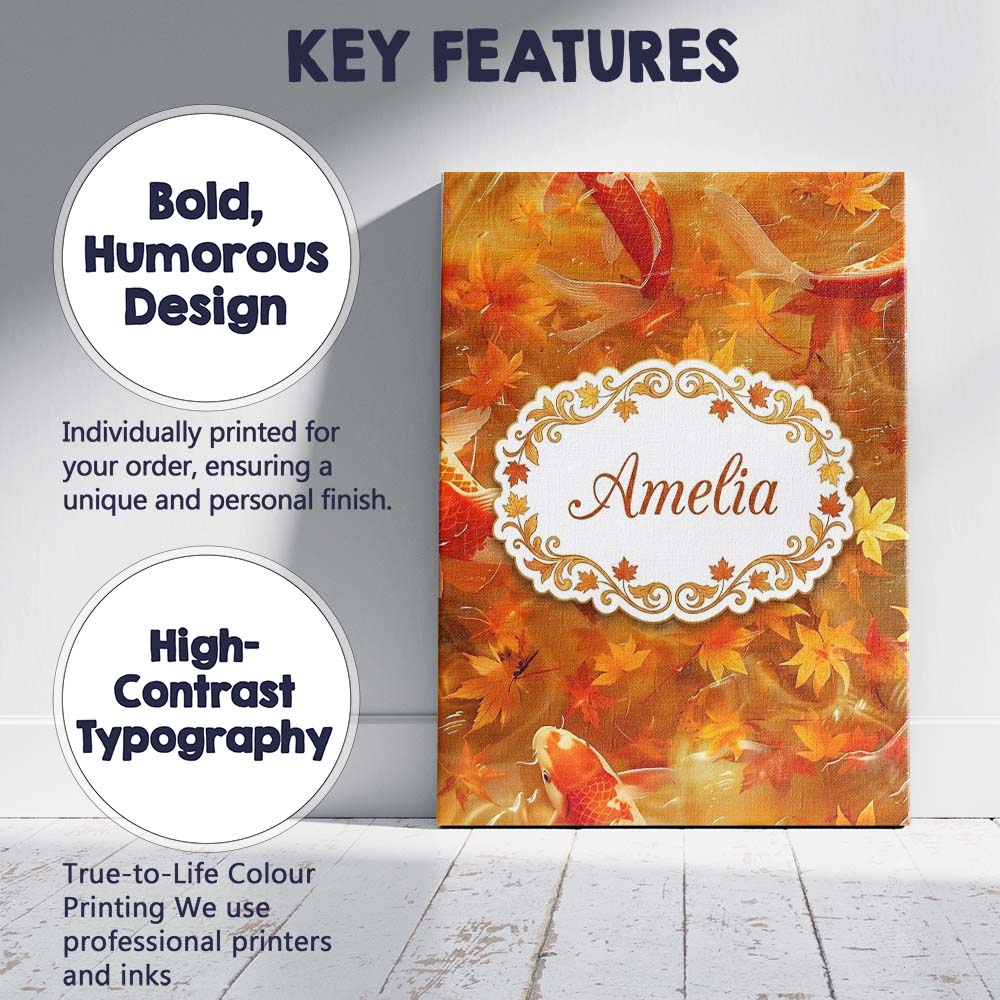 Personalised Name Autumn Koi Fish with Custom  Modern Room Accent Elegant Feature Canvas Wall Art Print Decor Picture Ready to Hang