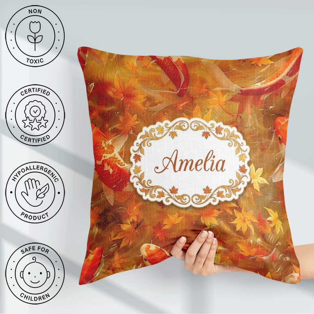 Custom Name Autumn Koi Fish with Golden Maple Pattern Watercolor Square Filled Cushion Throw Pillow Sofa Bed Home Decor Zip Washable UK Made