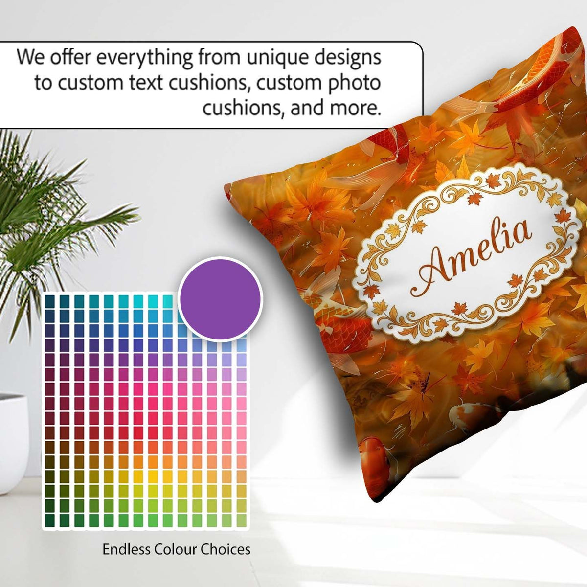 Custom Name Autumn Koi Fish with Golden Maple Pattern Watercolor Square Filled Cushion Throw Pillow Sofa Bed Home Decor Zip Washable UK Made