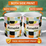Personalized Custom Name Bold Pink and Green Geometric Floral Pattern Seamless Design Lovely 11oz Ceramic Coffee Tea Mug White Large Handle