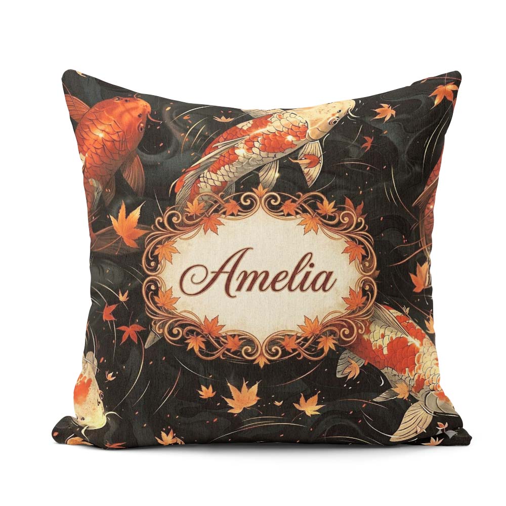 Custom Name Elegant Koi Fish Swimming on Dark Water with Falling Square Filled Cushion Throw Pillow Sofa Bed Home Decor Zip Washable UK Made