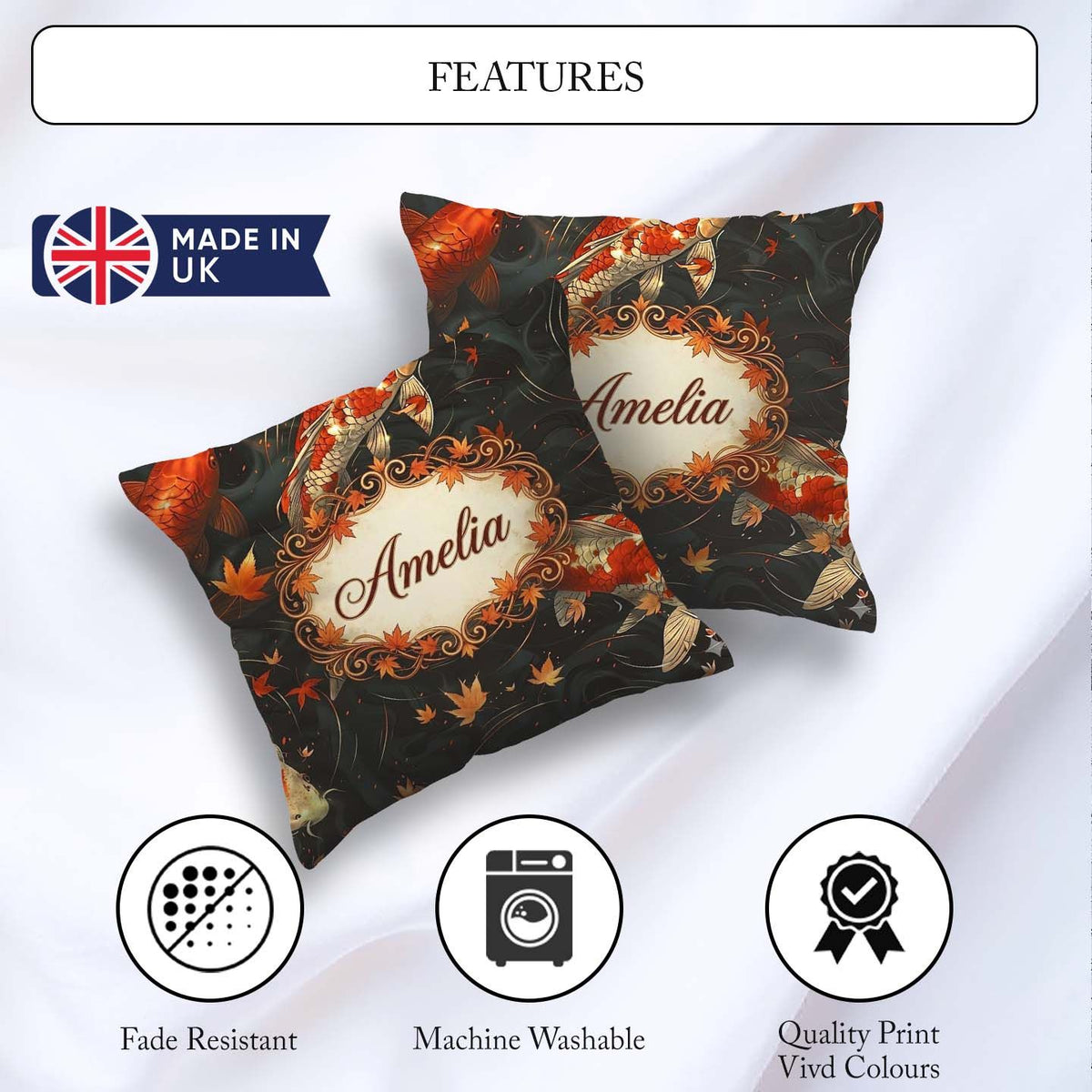 Custom Name Elegant Koi Fish Swimming on Dark Water with Falling Square Filled Cushion Throw Pillow Sofa Bed Home Decor Zip Washable UK Made