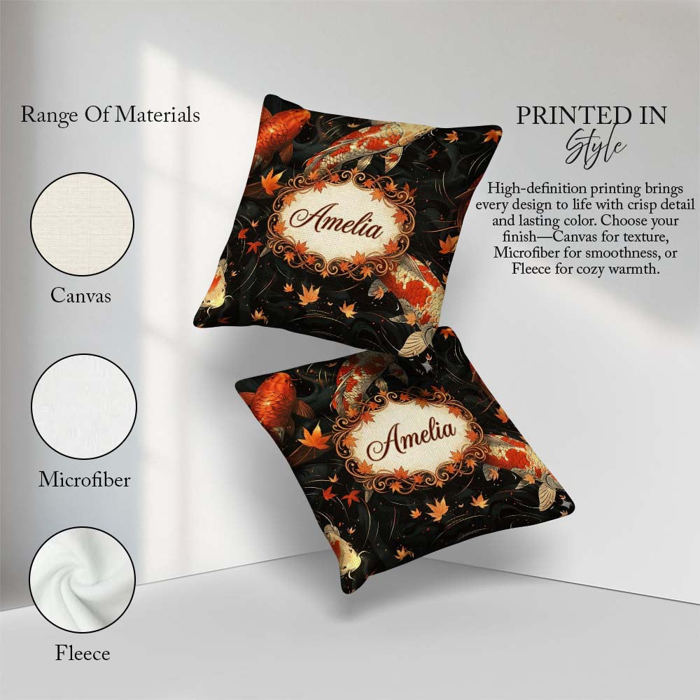 Custom Name Elegant Koi Fish Swimming on Dark Water with Falling Square Filled Cushion Throw Pillow Sofa Bed Home Decor Zip Washable UK Made