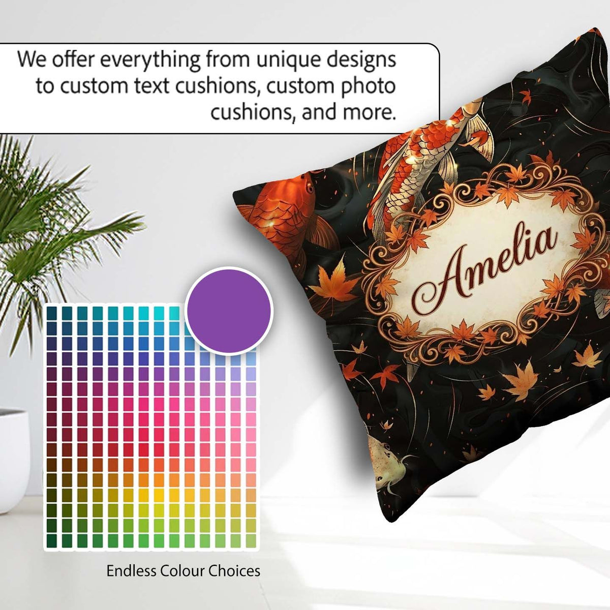 Custom Name Elegant Koi Fish Swimming on Dark Water with Falling Square Filled Cushion Throw Pillow Sofa Bed Home Decor Zip Washable UK Made