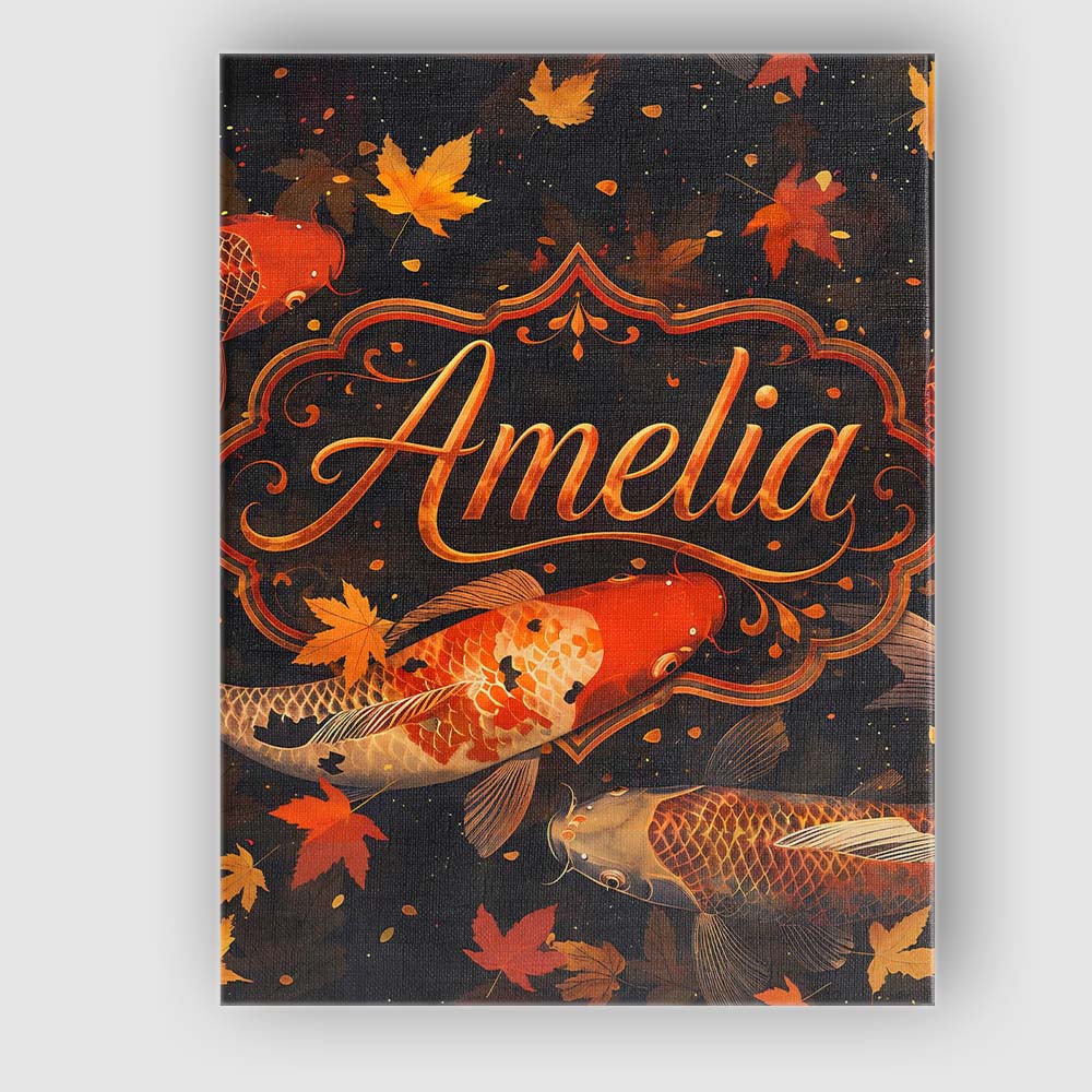 Personalised Name Dark Autumn Pond Koi Fish Custom  Bespoke Interior Contemporary Canvas Wall Art Print Decor Picture Ready to Hang